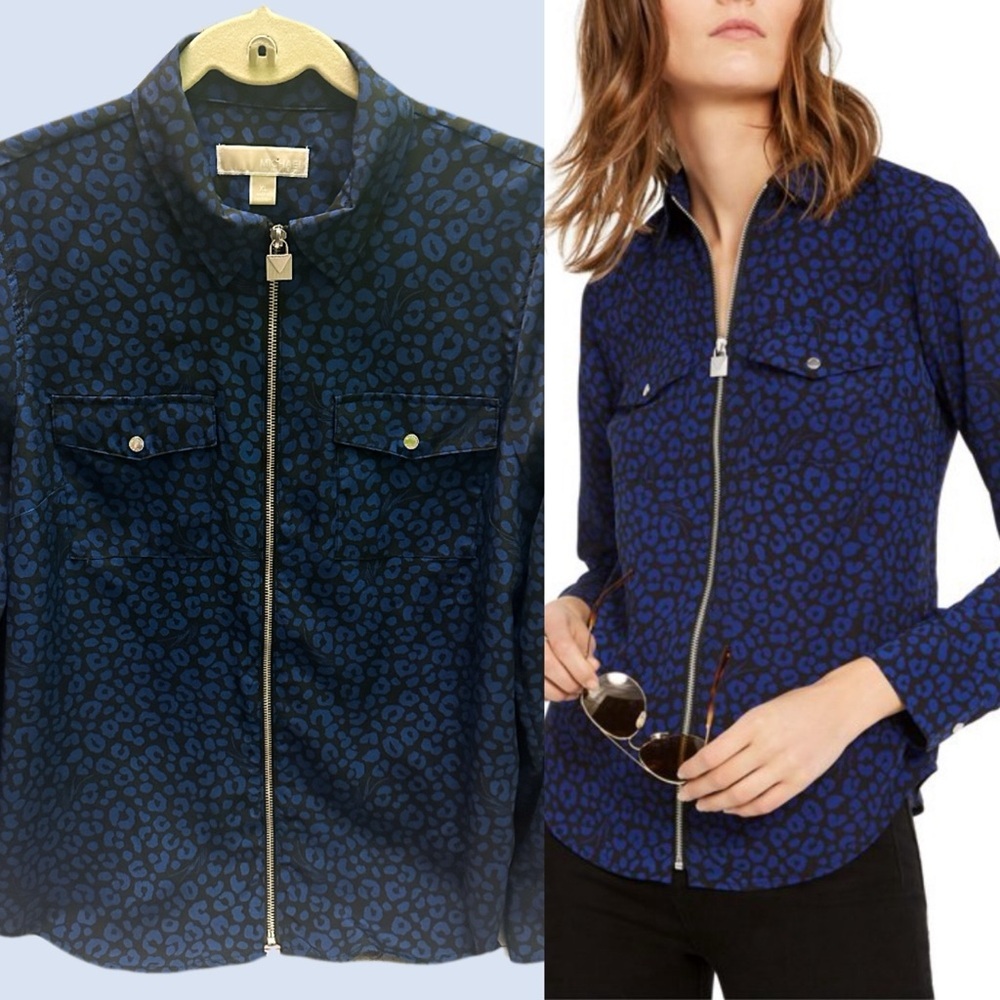 Michael Kors Blue Animal Print Utility Blouse  size XL